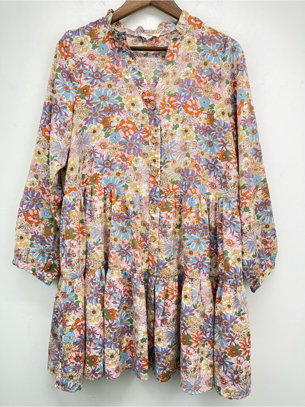 Entro size Small Women’s Multicolor Floral Button Up Tiered Babydoll Mini Dress